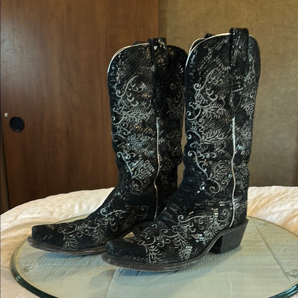 Lucchese Black and Silver Heeled Boots with Intricate Patterns